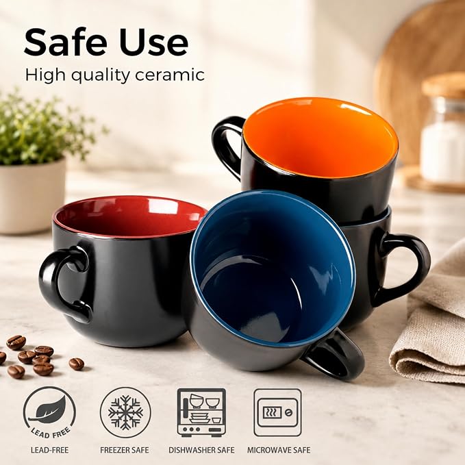 AmorArc 24 oz Soup Mugs with Handles, Jumbo Ceramic Bowls Mugs Set with handles for Coffee Cereal Cappuccino Snacks, Microwave&Dishwasher safe Soup Cups for Meal-Multicolor - Image 7