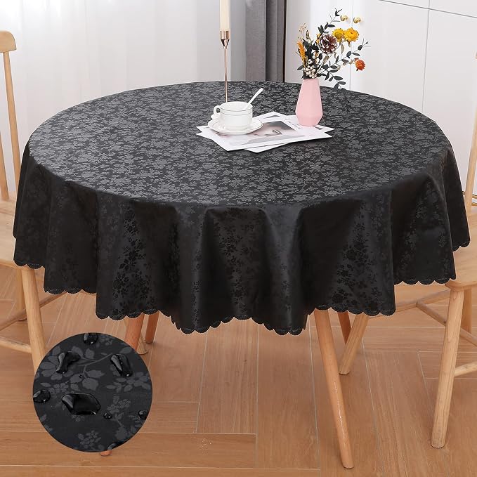 Smiry Round Waterproof Heavy Duty Vinyl Tablecloths, 70 x 70 Inch | Wipeable Washable Floral Embossed Table Cover for Kitchen and Dining Room, Indoor & Outdoor Use, Black by Smiry