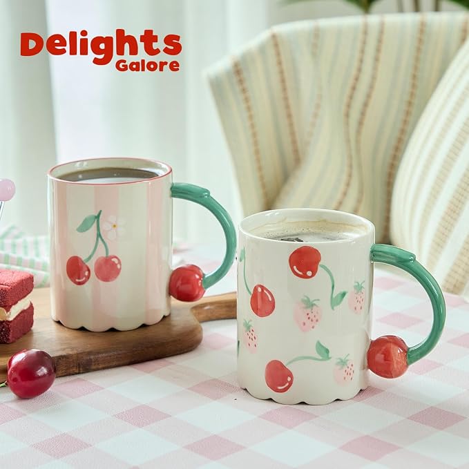 15oz Hand Painted Mug with 3D Cherry Handle - Strawberry & Cherry Pattern. Lead-Free, Microwave/Dishwasher Safe. Aesthetic Coffee Tea Cup Gift for Women & Girls-2pack - Image 9