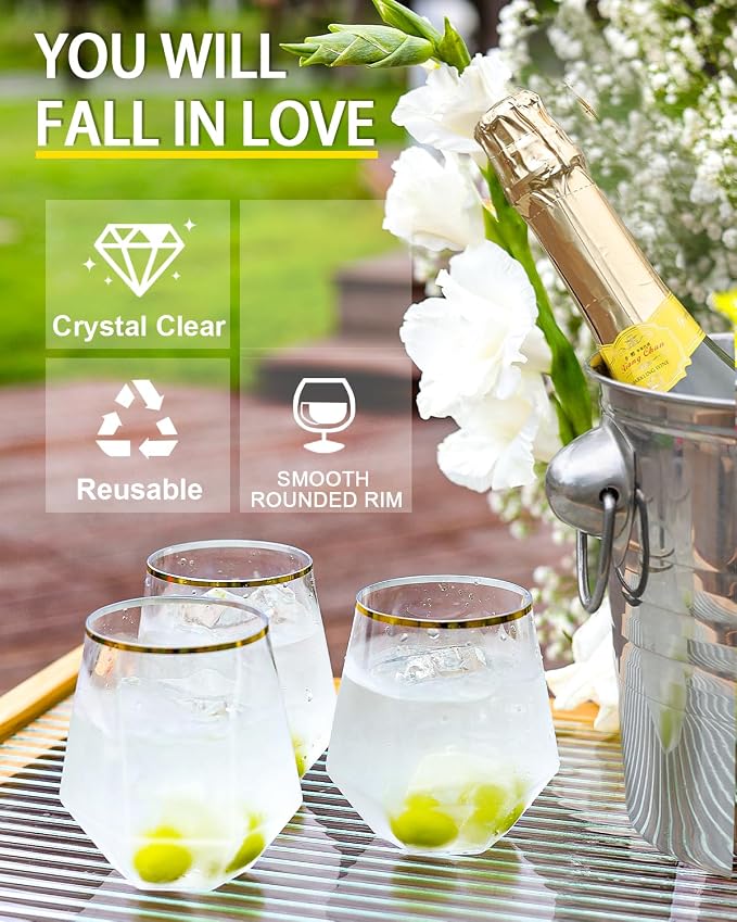 40 Pack Plastic Wine Glasses, 12 Oz Disposable Cocktail Whiskey Glasses | Gold Rimmed Diamond Stemless Champagne Margarita Glasses, Clear Unbreakable Reusable Plastic Cups for Party Wedding Birthday - Image 2