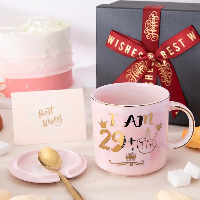 Funny 30th Birthday Gifts for Women - 14oz Pink Mug with Cheeky 29+1 Joke | Elegant Marble Ceramic Gold Print Coffee Cup, with Greeting Card, Beautiful Gift Box, Perfect for Birthday Celebration, Party - Image 6