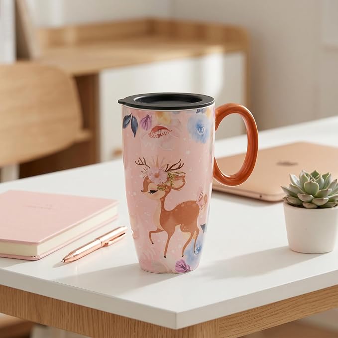 Cute Deer Mug - Travel Mug with Lid, Ceramic Large Coffee Mug, Christmas Holiday Birthday Gifts for Mom Wife Daughter 20oz - Image 6