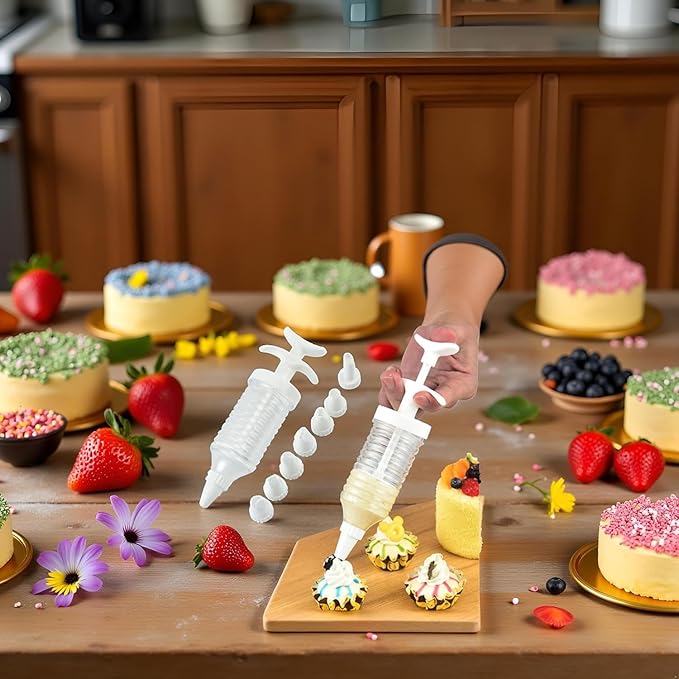 Professional Cake Decorating Kit, Piping Nozzle with Syringe, 8 Plastic Pastry Tips, Icing Tube for Cupcakes