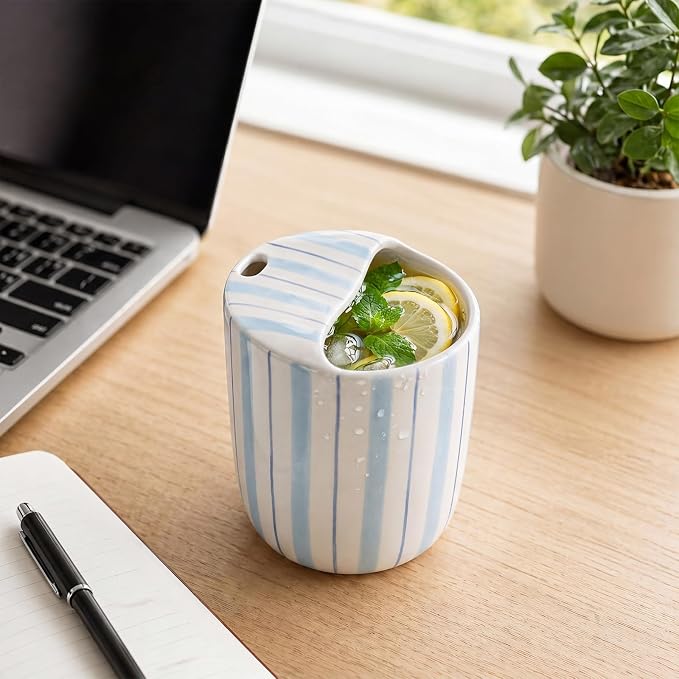 Ceramic Mug with Sip Hole 10 oz Light Blue Striped Ceramic Coffee Mug Hand Painted Travel Mugs Heat Resistant Non Slip Built in One Lid Handcraft Mugs for Coffee Lovers Appreciation Gift - Image 5