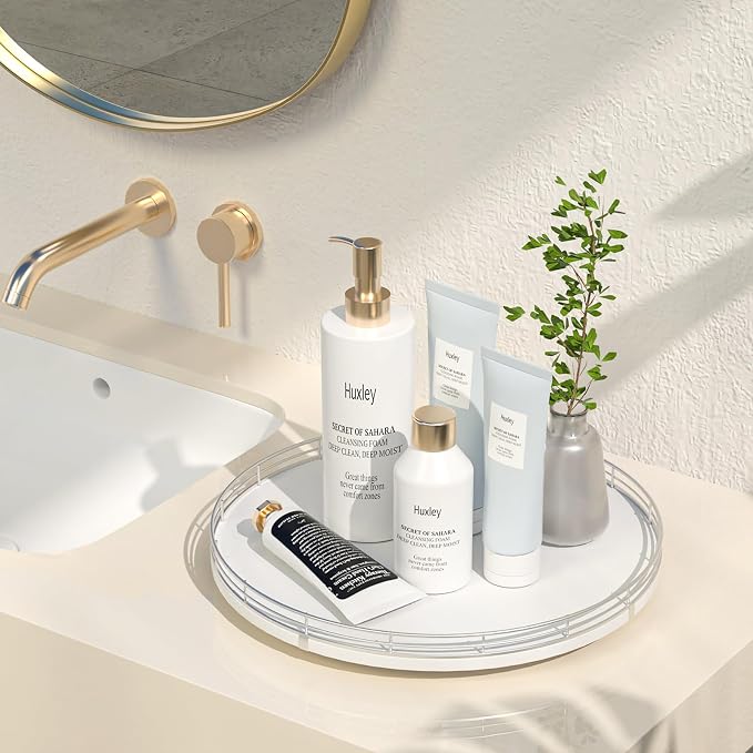 Oroyutor 13-Inch Oak Lazy Susan Vanity Tray with Silver Metal Rail | Rotating oak tray organizes spices, toiletries and decor on kitchen counters, bathroom vanities, dining and coffee tables. - Image 2