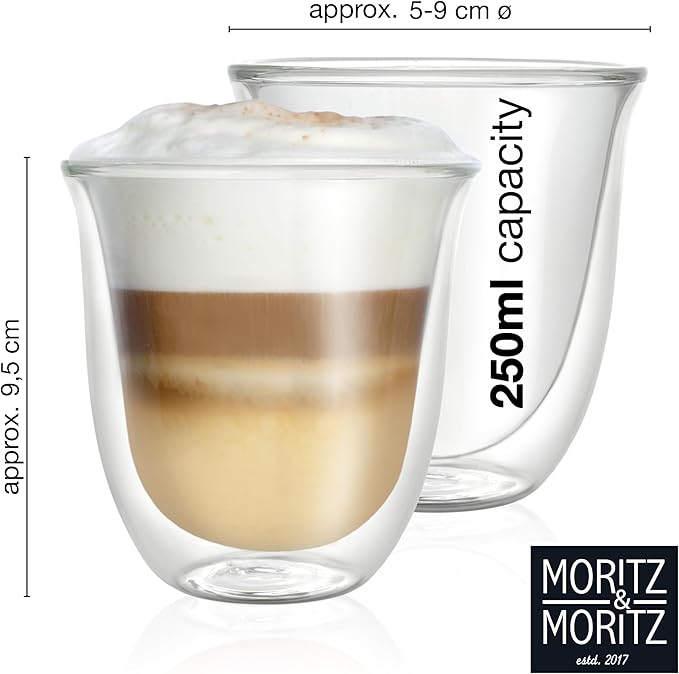 Moritz & Moritz Double Walled Coffee Glasses Set of 6-250ml Insulated Cups for Cappuccino, Tea, Hot & Cold Drinks - Dishwasher Safe, Heat Resistant, Clear Glass Mugs