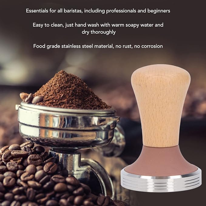 Beech Wood Coffee Tamper, Wooden Handle, Coffee Powder Press, Hammer Mill with Stainless Steel Base for Barista Beginners (51mm)