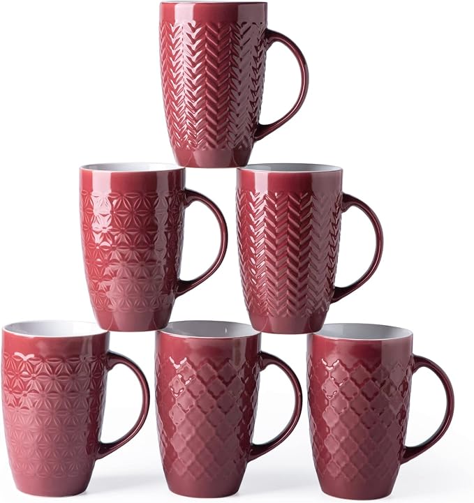 AmorArc Extra Large Coffee Mugs Set of 6, 20oz Ceramic Tall Coffee Mugs with Textured Geometric Patterns for Latte/Tea/Beer/Hot Cocoa, Dishwasher & Microwave Safe, Burgundy by AmorArc