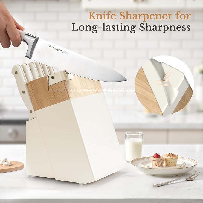 Knife Set,Astercook Kitchen Knife Set with Block 14-Piece Full Tang Stainless Steel Knives with Sharpener Dishwasher Safe and Anti-Slip Ergonomic Handle Utensils Set - Image 7