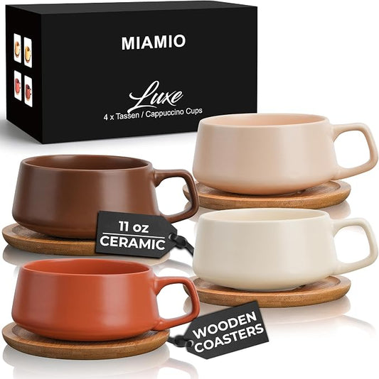 MIAMIO - Cappuccino Cup Set of 4, Ceramic (11oz) - Luxe (Beige Pastel) | Ceramic cappuccino cups and saucers, wide latte cups and mugs for Americano, 4-piece set of ceramic cups, dishwasher safe by MIAMIO