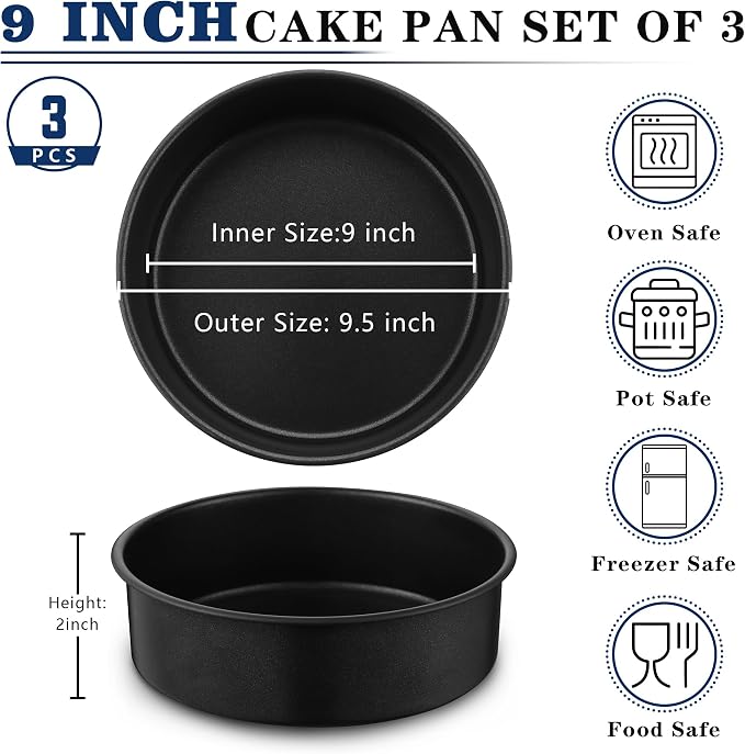 E-far 9 Inch Round Cake Pan Set of 3, Nonstick Stainless Steel Baking Pans Tin, Bakeware for Layer Cakes, Stainless Steel Core & Non-toxic Coating, Straight Side & 2 Inch Deep - Image 2