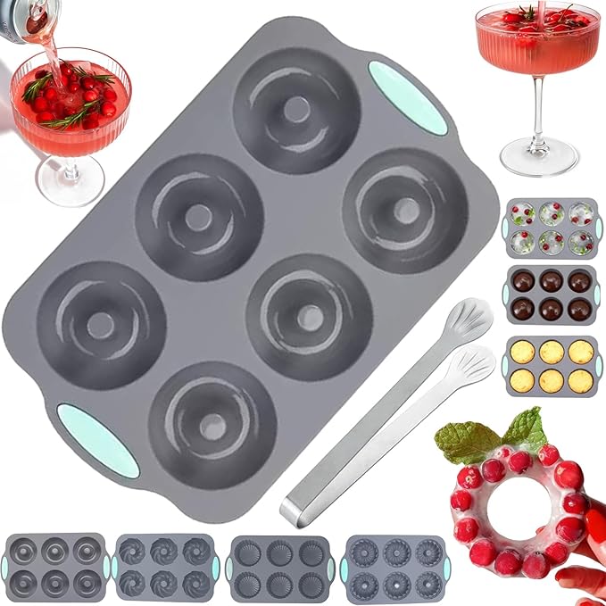 Wreath Ice Mold, Christmas Ice Cube Molds, Silicone Wreath Ice Cubes Tray, 6 Hole Silicone DIY Mold Suitable, Flexible Silicones Easy Release, for Holiday Cocktails/Chocolate/Desserts (C)