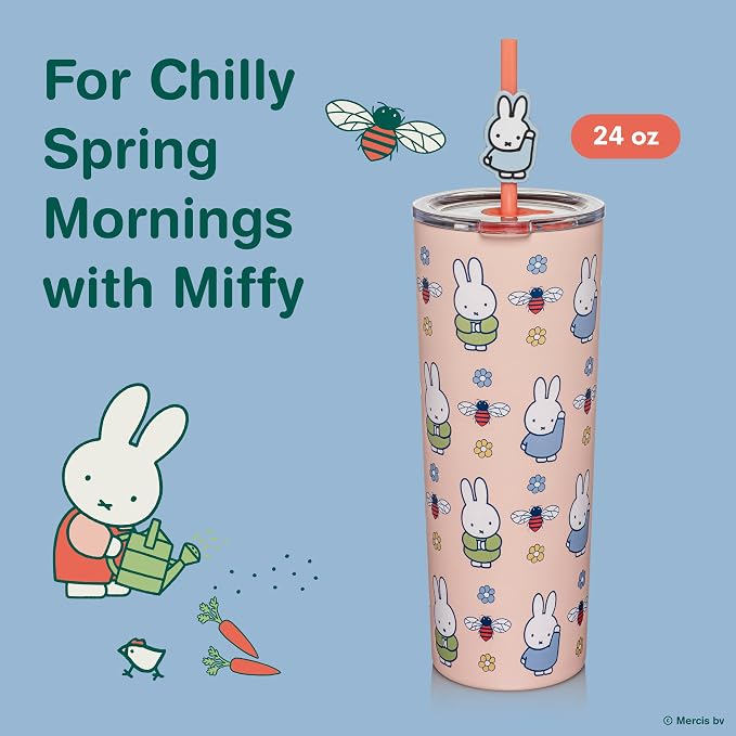 Dragon Glassware | Miffy Stainless Steel Tumbler with Straw, 24 oz - Pink | Vacuum Insulated Stainless Steel Tumbler with Straw & Lid; Double Walled Tumbler with Straw Charm; Miffy Cup with Lid - Image 2
