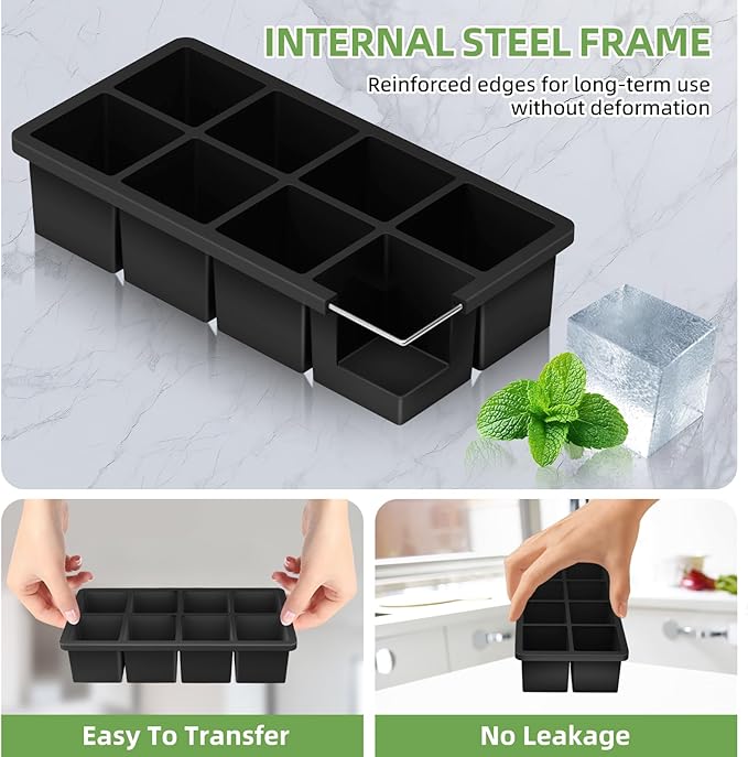 Large Ice Cube Molds, 2 Pack Easy Release Ice Trays for Freezer with Lid, Stackable Square Big Silicone Ice Cube Tray BPA Free Slow Melting for Bourbon Whiskey, Cocktails, Iced Coffee (Black)