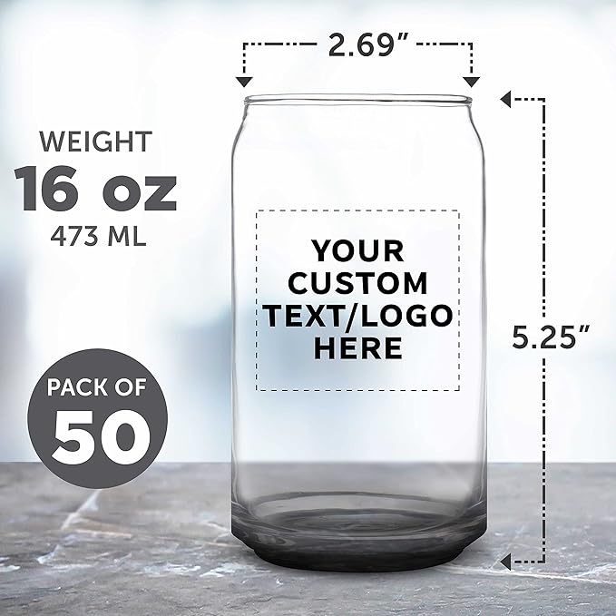 Custom Beer Can Glasses Set of 50, 16 oz. Pint Sized, Promotional Text, Logo, Soda Can Shape, Glassware, Black