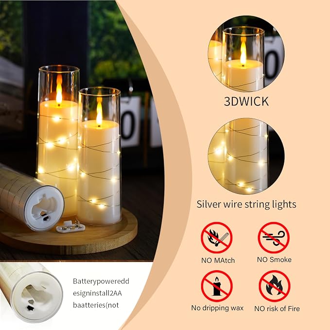Flameless Candles,with Embedded Star String, Battery Operated Candles Flickering LED Pillar Candles with Remote Control and Timer, Home Decoration Add a Warm and Romantic Atmosphere，Set of 7 (White) - Image 3