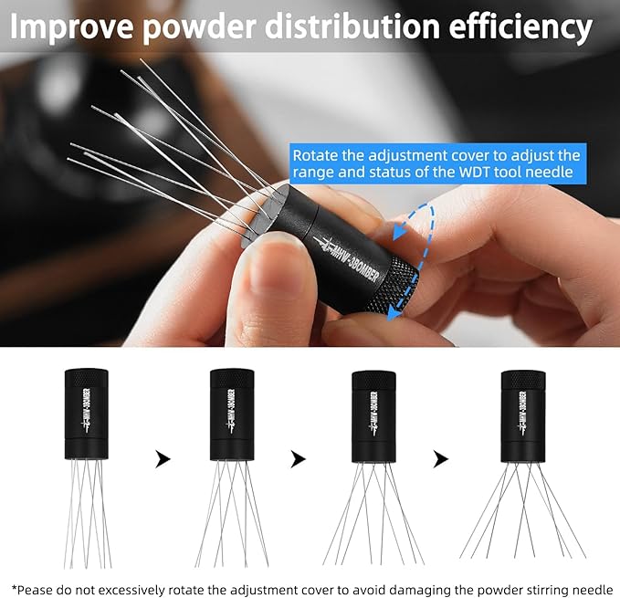 MHW-3BOMBER WDT Tool Espresso Distribution Tool with Magnetic Stand for Barista, Adjustable Range Coffee Needle Stirrer, 304 Stainless Steel 8 Needles 0.4mm with 6 Extra Needles, Black, T6126
