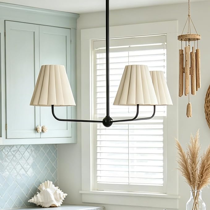 Mid-Century Modern Chandelier - 3-Light Kitchen Island & Dining Room Pendant with Matte Black Frame, Natural Conical Ivory Pleated Linen Shades, 120° Equal Arms by Unknown
