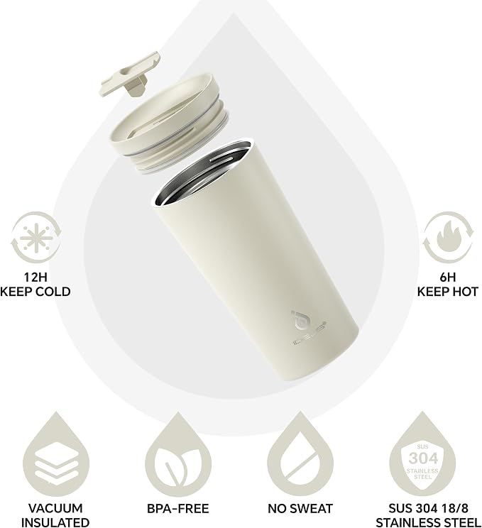 Ideus 17 oz Travel Coffee Mug, Double Wall Vacuum Stainless Steel Insulated Coffee Tumbler With Lid, Splash-Proof & Cup Holder Friendly, Keeps Drinks Hot/Cold, Dishwasher Safe, White - Image 3