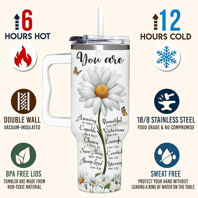 Christian Daisy Gifts for Women - Inspirational Faith Tumbler With Handle & Straw - 40Oz, Daisy Theme - Birthday, Mothers Day, Christmas