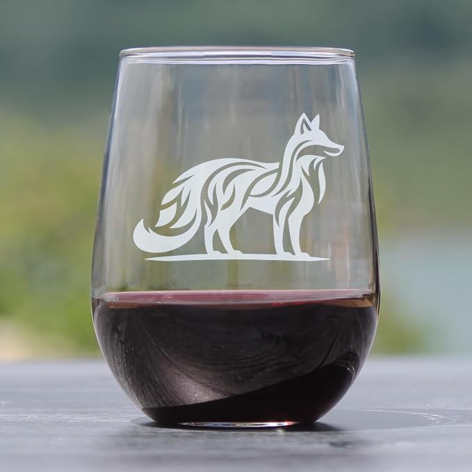 Tribal Fox 17oz Stemless Wine Glass, Hand Engraved Etched, Spirit Animal, Unique Woodland Creature Glassware - Image 2