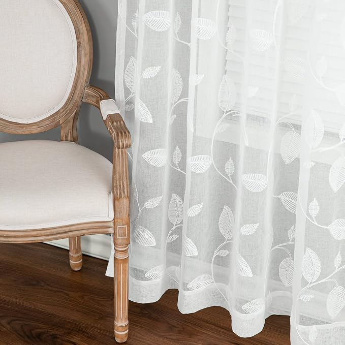 Semi-Sheer Elegant Embroidered Solid White Rod Pocket Window Curtains/Drape/Panels/Treatment 42 x 63,Two Panels | Soft Airy Texture, Soft Daylight Glow, Rod Pocket Design, for Living and Dining Room - Image 5