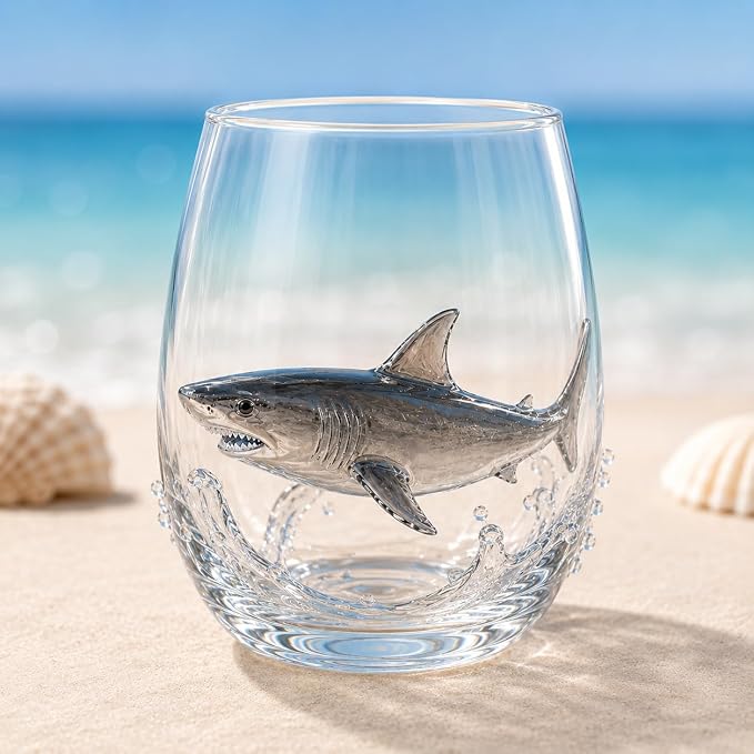 12oz Artisanal Blue Ringed Octopus Glassware, 3D Ocean Animal Artisan Glassware Collection For Fresher Sips, Coastal Elegance & Elevated Home Bar Vibes (Shark) by Unknown