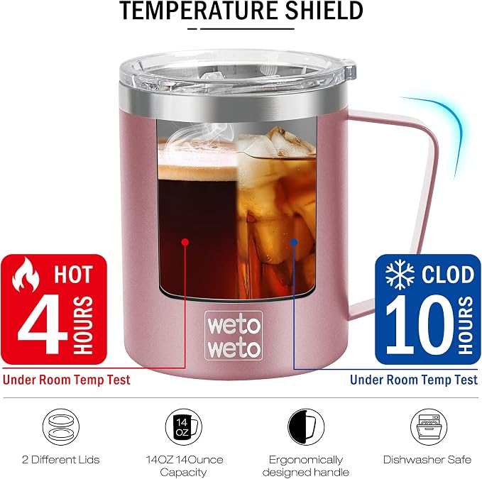 WETOWETO 14 oz Coffee Mug, Vacuum Insulated Camping Mug with Lid, Double Wall Stainless Steel Travel Tumbler Cup, Coffee Mugs Outdoor, Rose Gold & Cool Grey 2 Packs - Image 4