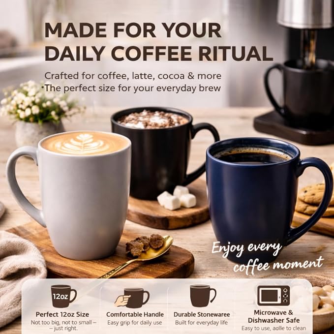AmorArc 12 oz Coffee Mugs Set of 6, Ceramic coffee mugs with large handle for Men Women, Coffee Mugs for Coffee,Tea,Latte,Cocoa. Easy to Hold&Clean, Dishwasher&Microwave Safe, Matte Grey - Image 4