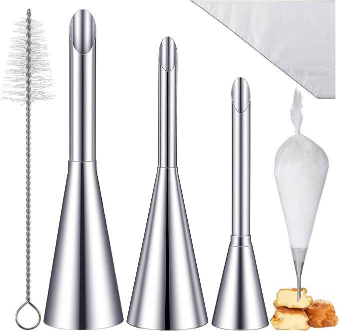 3Pcs Puff Cream Filling Piping Tips with 50 Pcs Disposable Piping Bags Stainless Steel Piping Nozzle Tips with 1 Tip Cleaning Brush Puff Pastry Filling Cake Decorating Tools for Filling Donuts Cream