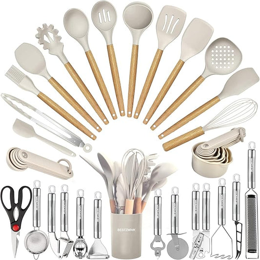 Kitchen Utensils Set- 35 PCs Cooking Utensils with Grater,Tongs, Spoon Spatula &Turner Made of Heat Resistant Food Grade Silicone and Wooden Handles Kitchen Gadgets Tools Set for Nonstick Cookware by BESTZMWK