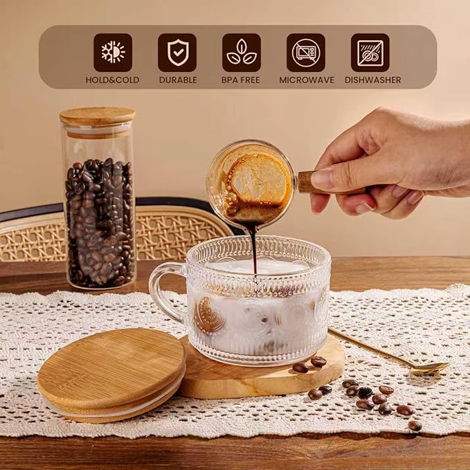 6 PACK Vintage Glass Coffee Mugs 14oz Clear Embossed Tea Cup Set with Bamboo Lids and Gold Spoons,Yogurt Bowl,kitchen gifts for women