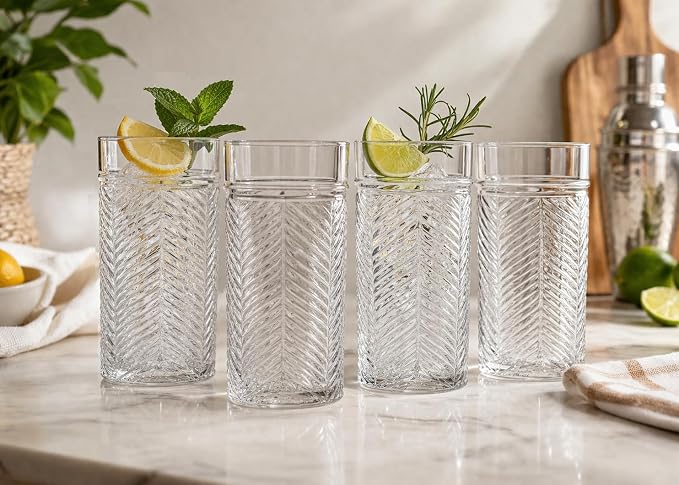 Highball Glasses Set of 4 Herringbone, 15.5 oz Tall Drinking Glasses, Elegant Textured Premium Glassware Tumblers for Water, Juice, Cocktails, Everyday use Vintage Style Beverage Glass Set - Image 7