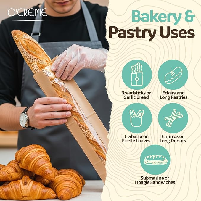 O’Creme 50 Pack Baguette Brown Paper Bag w/Clear Front Window, Bakery Storage Bags for Homemade and Long French Bread (23”x4”) Includes 50pcs Seal Stickers - Image 6