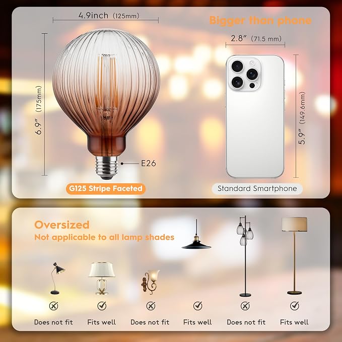 G125 Edison LED Bulb,4W Dim E26,2200K Gradient Brown Striated Glass | Large Globe Decorative Light Bulbs, Warm Ambient Glow, Dim, Match Lamps For Restaurant, Bar & Household Living Space - Image 2