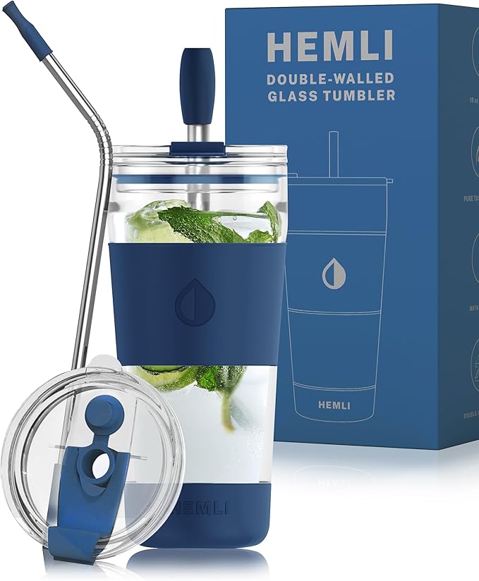 19 oz. Double Wall Glass Coffee Tumbler, To Go Travel Mug with Lid, Portable Glass Thermos with Straw, Reusable Cup, Tea, Smoothies, Ice Coffee, and Boba