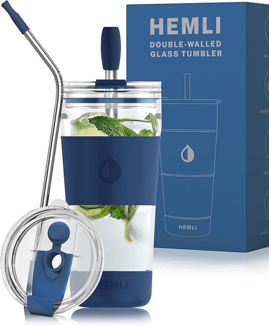 19 oz. Double Wall Glass Coffee Tumbler, To Go Travel Mug with Lid, Portable Glass Thermos with Straw, Reusable Cup, Tea, Smoothies, Ice Coffee, and Boba