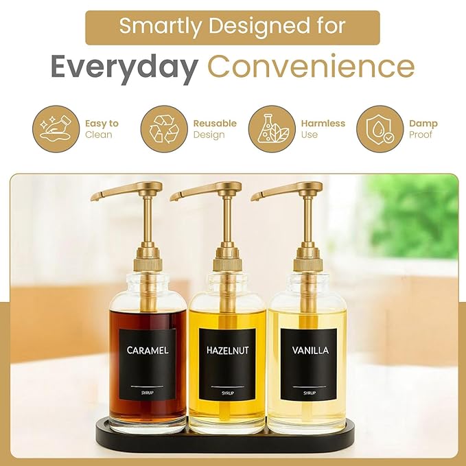 Syrup Pump for Coffee Syrup Bottles – 6-Pack Dispenser Pumps Fits 750ml / 25.4 oz Flavoring Syrup Bottles – Compatible with Torani & More – Gold Coffee Syrup Dispenser Pump for Home & Cafe Use