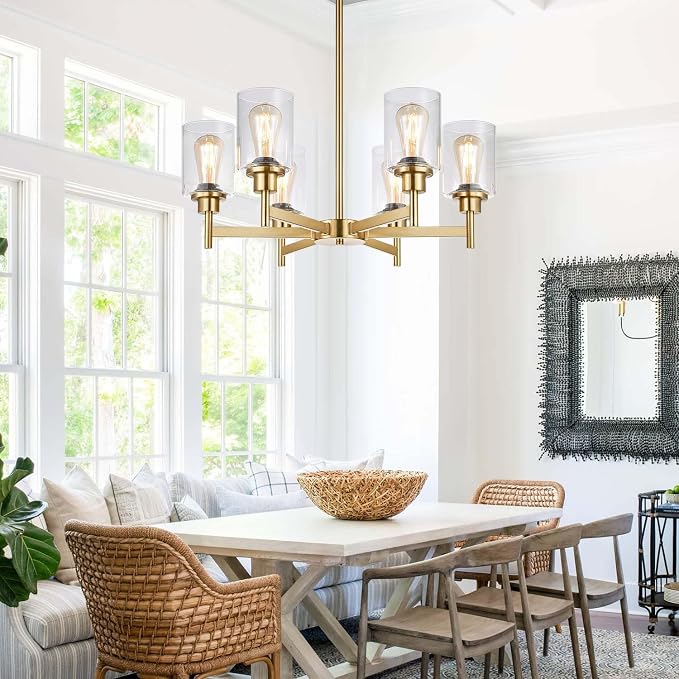 Lynnoland Brushed Gold Chandeliers, 6 Light Farmhouse Chandelier for Dining Room Light Fixtures Over Table, Hanging Light Fixture with Clear Glass Shade for Living Room Bedroom - Image 8