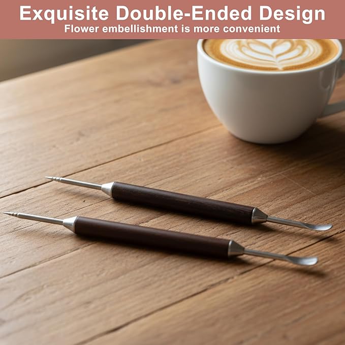 Latte Art Pen Set, 2-Pack Latte Art Pen Cinnamon Pens for Coffee, Stainless Steel Wooden Coffee Bar Accessories, Coffees Station Accessories for Barista Make Creative Designs Decors