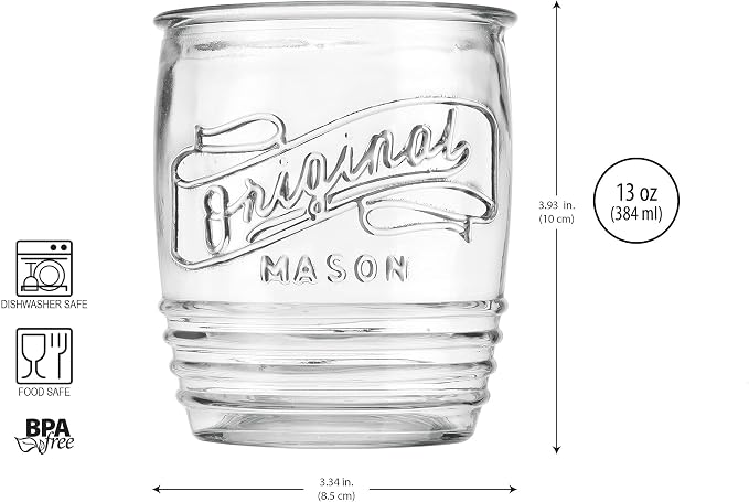 Glaver's Drinking Glasses Set of 4 Original Mason Whiskey 13 Oz Genuine Artisan-Made Vintage Italian Tumbler Glassware Set for Refreshing Drinks, Beverages, Iced Tea - Image 3