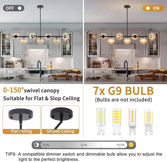 Mid Century Modern Linear Chandelier, 7-Light Black Pendant Light with Amber Glass Globes, Dimmable Kitchen Island Lighting Dining Room Light Fixtures Over Table for Living Room, Entryway & Bedroom - Image 8