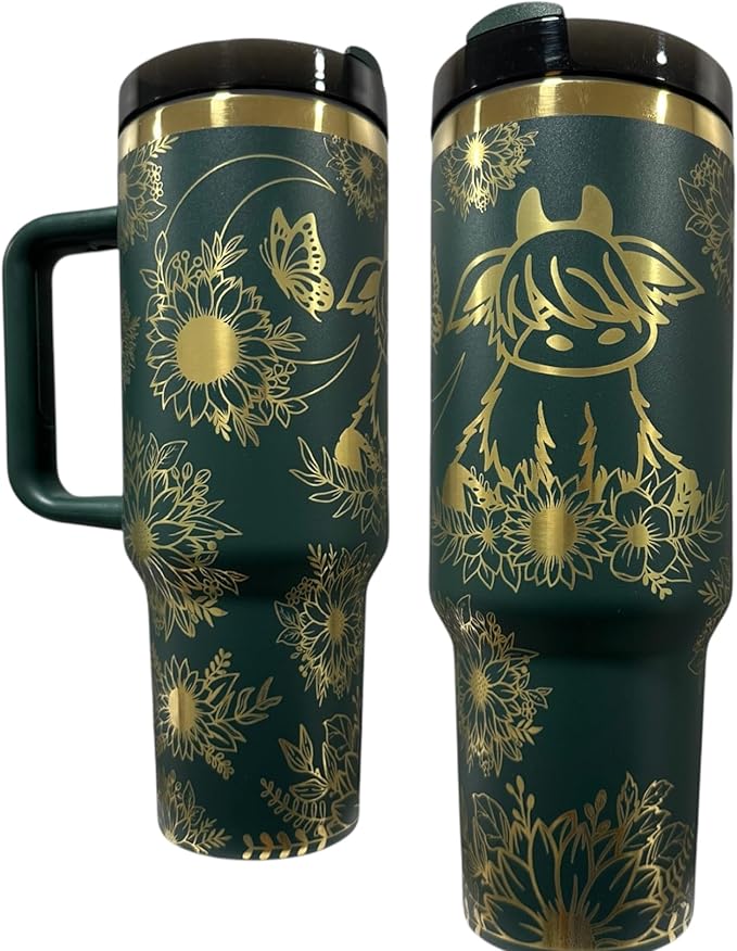 Tumbler, 40oz Tumbler, Western Tumbler, Engraved Cup with Handle, Cute Coffee Mug, 40oz Coffee Mug (Green/Gold(26)-Baby cow/sunflower(B33))