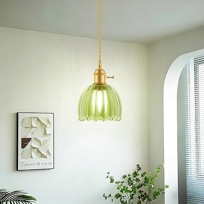Ralbay Vintage Pendant Lights Kitchen Island,Green Tulip Glass Shade,3Packs | Mini Pendant Light Fixture with Switch,Adjustable Brass Hanging Light for Bedroom, Dining Room, Hallway,Bar - Image 8