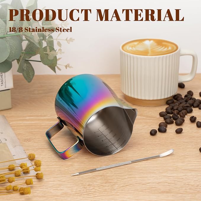 Amrules Milk Frothing Pitcher, 12 oz Milk Frother Cup with Clear Scale, 304 Stainless Steel Cappuccino Espresso Machine Accessories for Barista Coffee Bar with Latte Art Pen, Multicolor - Image 5