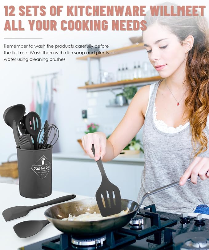 Gray Kitchen Utensils Set-12 Pieces Silicone Cooking Utensils Set | Dishwasher Safe 392°F Heat Resistant Spatula Set Kitchen Utensil Set for Nonstick Cookware,Best Kitchen Tools with Holder - Image 4