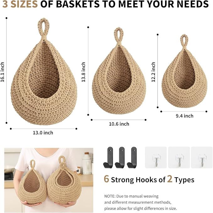 Boho Wall Hanging Fruit Baskets for Kitchen 3 Pack Woven Produce Holder with 6 Pcs Strong Hooks Vegetable Hanging Basket for Organizing Teardrop Home Wall Potato Onion Storage, Linen - Image 4