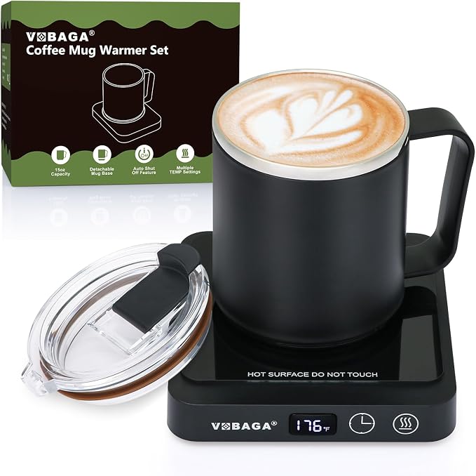 VOBAGA Mug Warmer with 15oz Mug Set, Smart Coffee Mug Warmer for Desk with 5 Temp Settings & 2-12H Auto Shut Off, Coffee Warmer for Candles, Coffee, Cocoa, Milk, Best Coffee Gifts for Men Women by VOBAGA