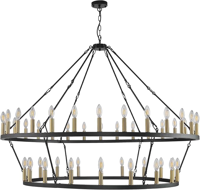 WJShome 55 Inch Farmhouse Wagon Wheel Chandelier - 2 Tier 48-Light Rustic Black and Gold Chandeliers, for Living Room, Entryway and Staircase - Image 8