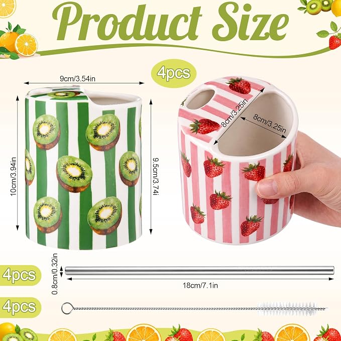 4 Pack Fruit Ceramic Coffee Mug with Sip Hole 10 Oz Espresso Cup with Straws Retro Hand Painted Fruit Porcelain Coffee Tea Cup Cappuccino Latte Mug for Kitchen Dining Travel - Image 2